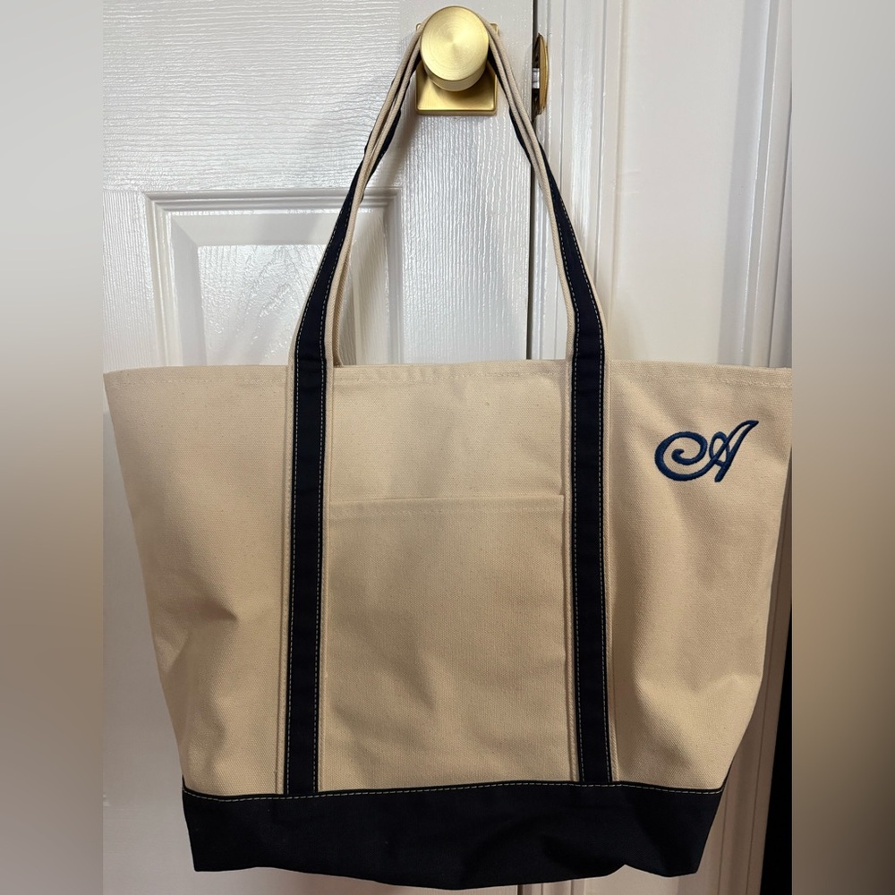 Canvas Tote with Embroidered A and Long Navy Straps - Never Used